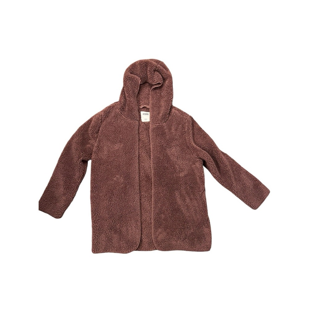 Victoria Secret PINK‎ Women Jacket M/L Rose Sherpa Hooded Cardigan Open Front